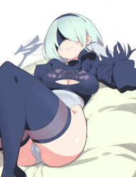 Rule 34 | 1girl, aetherion, black blindfold, black gloves, black hairband, black thighhighs, blindfold, breasts, cleavage cutout, closed mouth, clothing cutout, gloves, hairband, highres, juliet sleeves, leotard, long sleeves, lying, medium breasts, mole, mole under mouth, nier:automata, nier (series), on back, puffy sleeves, short hair, solo, thighhighs, 2b (nier:automata)