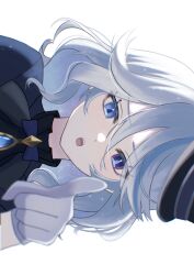 Rule 34 | 1girl, absurdres, furina (genshin impact), genshin impact, gloves, gs hogehoge, hat, highres, no heterochromia, open mouth, pointing, pointing at viewer, simple background, top hat, white background, white gloves, white hair