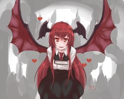 Rule 34 | 1girl, 2016, artist name, aura, b.d, black dress, blush, book, collared shirt, colored eyelashes, cowboy shot, dated, demon wings, dress, drooling, fangs, flying, hair between eyes, heart, heart-shaped pupils, highres, hip focus, holding, holding book, horns, koakuma, leaning forward, long hair, long sleeves, looking at viewer, necktie, open mouth, red eyes, red hair, red necktie, shirt, sidelocks, sleeveless, sleeveless dress, solo, symbol-shaped pupils, touhou, very long hair, white shirt, wings
