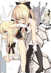 Rule 34 | 1girl, ahoge, artoria pendragon (all), artoria pendragon (fate), bare arms, bare shoulders, bent over, black bow, black footwear, black neckwear, black pantyhose, black ribbon, blonde hair, blush, boots, bow, breasts, cleavage, commentary request, dress, fate (series), full body, gloves, green eyes, hair between eyes, hair bow, hair ribbon, hand on own chin, hand on own leg, high heels, holding, holding sword, holding weapon, looking at viewer, looking to the side, medium hair, pantyhose, ponytail, pumps, ribbon, saber lily, shiseki hirame, solo focus, sweat, sword, translation request, weapon, white dress, white gloves, white neckwear