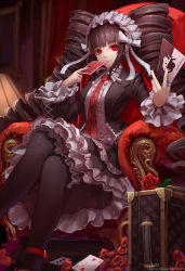 Rule 34 | 10s, 1girl, armchair, artist name, black hair, black nails, black skirt, black thighhighs, blunt bangs, bonnet, bow, card, celestia ludenberg, chair, claw ring, crossed legs, danganronpa: trigger happy havoc, danganronpa (series), dress, drill hair, fingernails, frilled dress, frilled sleeves, frills, gothic lolita, grin, heart, highres, holding, holding card, indoors, jewelry, joker (playing card), jurrig, lace-trimmed sleeves, lace trim, lamp, lolita fashion, long fingernails, long hair, long sleeves, looking at viewer, monokuma, nail polish, necktie, on chair, playing card, red eyes, red necktie, ribbon, ring, sharp fingernails, sitting, skirt, skirt set, smile, solo, thighhighs, throne, twin drills, twintails, very long hair, watermark, web address