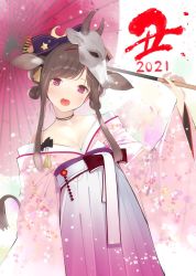 Rule 34 | 1girl, 2021, :d, ama mitsuki, animal ears, bare shoulders, black choker, blush, bow, breasts, brown hair, choker, cleavage, collarbone, cow ears, cow girl, cow tail, crescent, feet out of frame, gradient clothes, hair bow, hakama, hakama skirt, head tilt, holding, holding umbrella, japanese clothes, kimono, kimono pull, long sleeves, looking at viewer, mask, mask on head, medium breasts, off shoulder, oil-paper umbrella, open mouth, original, pink kimono, purple bow, purple eyes, short hair with long locks, sidelocks, skirt, smile, solo, standing, swept bangs, tail, umbrella, wide sleeves