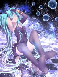Rule 34 | 1girl, aqua hair, arm behind head, arm garter, armpits, bad id, bad pixiv id, black dress, black gloves, black thighhighs, bow, bracelet, breasts, checkered background, checkered floor, closed mouth, dress, elbow gloves, feet, frilled dress, frilled gloves, frills, gloves, green eyes, green hair, hair ornament, hatsune miku, highres, jewelry, long hair, looking at viewer, matching hair/eyes, mirror image, plaid, plaid background, sitting, soles, solo, swept bangs, thighhighs, twintails, very long hair, vocaloid, yusuke (shiota)