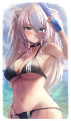 Rule 34 | 1girl, absurdres, amane sora, animal ears, bikini, black bikini, blue eyes, blue sky, blush, border, breasts, brown eyes, choker, cleavage, commentary request, cowboy shot, day, halterneck, hand on own hip, hand up, highres, holding, holding water gun, hololive, large breasts, lion ears, long hair, looking at viewer, navel, ocean, parted lips, rainbow, shadow, shishiro botan, sidelocks, sky, solo, string bikini, striped bikini, striped clothes, sunlight, swimsuit, two side up, virtual youtuber, water, water gun, wet, wet clothes, wet swimsuit, white border, white hair