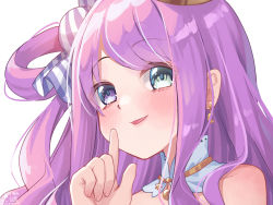 Rule 34 | 1girl, blue eyes, blush, candy hair ornament, commentary request, crescent, crescent earrings, earrings, eyes visible through hair, finger to mouth, food-themed hair ornament, hair ornament, hair rings, heterochromia, highres, himemori luna, himemori luna (1st costume), hololive, index finger raised, jewelry, long hair, looking at viewer, magowasabi, portrait, purple eyes, purple hair, shushing, solo, virtual youtuber