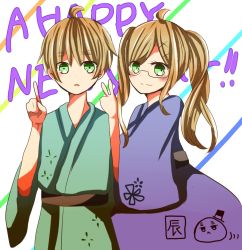 Rule 34 | 1boy, 1girl, axis powers hetalia, blonde hair, blush, dual persona, eyebrows, gender request, genderswap, glasses, green eyes, highres, japanese clothes, kimono, looking at viewer, short hair, smile, traditional clothes, twintails, united kingdom (hetalia)