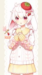 Rule 34 | 1girl, animal ears, aona (noraneko), aran sweater, blush, bow, braid, cable knit, cake, collared shirt, cross-laced clothes, cross-laced sleeves, food, food-themed hair ornament, frills, hair bow, hair ornament, hair tie, hat, long sleeves, looking at viewer, medium hair, mini hat, miniskirt, open mouth, original, personification, pink eyes, pleated skirt, rabbit ears, ribbon, shirt, signature, skirt, sleeves past wrists, solo, strawberry hair ornament, strawberry shortcake, sweater, thighs, twin braids