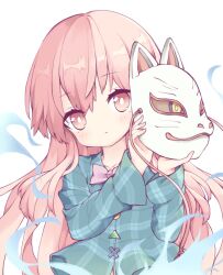 Rule 34 | 1girl, blue fire, blue shirt, bow, buttons, closed mouth, collarbone, cycloneyukari, fire, fox mask, hata no kokoro, holding, holding mask, light blush, long hair, long sleeves, looking at viewer, mask, multicolored buttons, neck, pink bow, pink eyes, pink hair, plaid, plaid shirt, raised eyebrows, shirt, touhou, very long hair