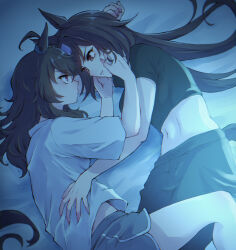 Rule 34 | 2girls, animal ears, bed, black shirt, black shorts, brown hair, closed mouth, commentary, dolphin shorts, ear ornament, hair between eyes, hands on another&#039;s face, highres, horse ears, horse girl, horse tail, long hair, looking at another, lying, midriff, multicolored hair, multiple girls, nakayama festa (umamusume), namuko, navel, on bed, on side, parted lips, purple eyes, shirt, short sleeves, shorts, sirius symboli (umamusume), streaked hair, tail, umamusume, very long hair, white hair, white shirt, yuri