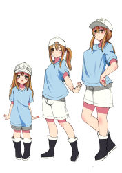 Rule 34 | 10s, 1girl, age progression, bad id, bad pixiv id, blush, boots, breasts, brown eyes, brown hair, flat cap, flat chest, full body, hat, hataraku saibou, highres, large breasts, looking at viewer, medium breasts, multiple views, one eye closed, platelet (hataraku saibou), ponytail, shirt, short sleeves, shorts, simple background, solo focus, white background
