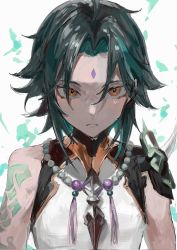 Rule 34 | 1boy, arm tattoo, bead necklace, beads, black hair, facial mark, forehead mark, genshin impact, gradient hair, green hair, highres, jewelry, looking at viewer, male focus, multicolored hair, necklace, skyn blue, solo, spikes, tassel, tattoo, upper body, white background, xiao (genshin impact), yellow eyes