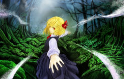 Rule 34 | 1girl, bad id, bad pixiv id, blonde hair, cervus, female focus, forest, hair ribbon, long sleeves, nature, outstretched arms, red eyes, ribbon, rumia, short hair, smile, solo, touhou