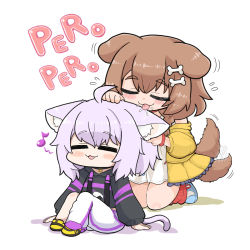 Rule 34 | 2girls, :3, afterimage, animal collar, animal ears, bone hair ornament, cat ears, cat girl, cat tail, closed eyes, collar, dog ears, dog girl, dog tail, ear licking, eighth note, hair ornament, highres, hololive, inugami korone, inugami korone (1st costume), kneeling, licking, matarou (matarou072), motion lines, multiple girls, musical note, nekomata okayu, nekomata okayu (1st costume), pants, sitting, sweater, sweatpants, tail, tail wagging, virtual youtuber