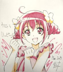 Rule 34 | 1girl, :d, absurdres, ahoge, bow, catchphrase, clenched hands, commentary, dated, dress, drill hair, hair bow, highres, hoshizora miyuki, looking at viewer, marker (medium), nii manabu, open mouth, photo (medium), pink dress, pink eyes, pink hair, precure, shikishi, signature, sleeveless, sleeveless dress, smile, smile precure!, solo, traditional media, translated, twin drills, twintails, yellow bow