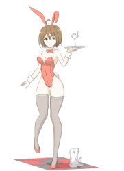 Rule 34 | 1girl, absurdres, ahoge, animal, animal ears, assault lily, bare arms, bare shoulders, bow, bowtie, breasts, brown eyes, brown hair, brown thighhighs, cat, cleavage, cocktail glass, commentary, covered navel, cup, detached collar, drinking glass, fake animal ears, fake tail, full body, groin, hair between eyes, hairband, highleg, highleg leotard, highres, holding, holding tray, in container, in cup, kawamura yuzuriha, leg up, leotard, light smile, looking at viewer, medium breasts, melting, parted lips, playboy bunny, rabbit ears, rabbit tail, red bow, red bowtie, red footwear, red hairband, red leotard, short hair, simple background, solo, standing, standing on one leg, strapless, strapless leotard, tail, thighhighs, tile floor, tiles, tray, tsukimizake, white background, white cat, wrist cuffs