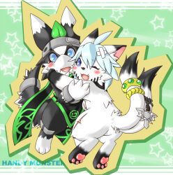Rule 34 | 1girl, 1other, :3, ahoge, animal ear fluff, animal ears, animal feet, animal hands, animal nose, arm up, black fur, black scarf, blue eyes, blue hair, blush, body fur, bracelet, character cutout, character request, copyright name, crossed bandaids, english text, facial mark, fang, from behind, full body, furry, furry female, gem, green background, green gemstone, green trim, grey headband, hair between eyes, hand up, handymonsters, happy, headband, hug, jewelry, kame (3t), leaf, loincloth, looking at viewer, looking back, multiple tails, notched ear, one eye closed, open mouth, outline, outstretched arm, pawpads, scar, scar on leg, scarf, short hair, smile, snout, standing, star (symbol), starry background, tail, tail ornament, tail raised, tail ring, two-tone fur, two tails, white fur, wink, yellow outline