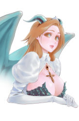Rule 34 | 1girl, absurdres, bleach, breasts, cleavage, commentary, cross, dragon girl, dragon horns, dragon wings, english commentary, gloves, highres, horns, inoue orihime, large breasts, lips, long hair, long sleeves, looking at viewer, orange eyes, orange hair, parted lips, rozuberry, solo, upper body, white background, white gloves, wings