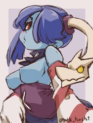 Rule 34 | 1girl, blue hair, blue skin, blush, breasts, breasts out, colored skin, detached sleeves, hair over one eye, highres, leviathan (skullgirls), looking at viewer, mtk hoshi, nipples, pursed lips, red eyes, side ponytail, skullgirls, solo, squigly (skullgirls), striped sleeves, zombie