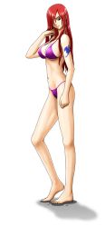 Rule 34 | 1girl, absurdres, barefoot, bikini, breasts, brown eyes, earrings, erza scarlet, fairy tail, female focus, full body, hair over one eye, highres, jewelry, long hair, long image, mechr, red hair, smile, solo, swimsuit, tall image, tattoo, wet, white background