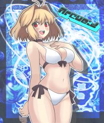 1girl ahoge alternate_costume antenna_hair arcueid_brunestud bikini blonde_hair blush breasts champchidi character_name hand_on_own_chest highres medium_breasts navel open_mouth red_eyes short_hair solo swimsuit tsukihime