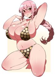 Rule 34 | 1girl, alternate breast size, armpits, bare shoulders, barefoot, bikini, blush, braid, breasts, cleavage, collarbone, colored skin, curvy, embarrassed, female focus, full body, highres, huge breasts, kneeling, komusou (jinrikisha), long hair, looking at viewer, matching hair/eyes, navel, one piece, pink eyes, pink hair, polka dot, polka dot bikini, raised eyebrows, rebecca (one piece), simple background, single braid, skindentation, solo, sweat, swimsuit, thighs, very long hair, white background