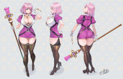 Rule 34 | 1girl, ass, boots, braid, breasts, character sheet, choker, cleavage, earrings, from side, full body, gloves, gluteal fold, green eyes, hairband, high heel boots, high heels, highres, holding, holding staff, jewelry, key, large breasts, long hair, looking at viewer, multiple views, necklace, ookuma nekosuke, open mouth, original, pink hair, short sleeves, staff, standing, teeth, thigh boots, thighhighs, tongue, tongue out, twin braids