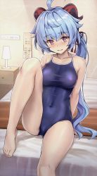 Rule 34 | 1girl, ahoge, alternate costume, arm support, bad id, bad twitter id, bare arms, bare shoulders, barefoot, blue hair, blue one-piece swimsuit, blush, breasts, collarbone, competition school swimsuit, covered navel, ganyu (genshin impact), genshin impact, goat horns, highres, horns, indoors, knee up, koyuki (kotatsu358), long hair, looking at viewer, medium breasts, on bed, one-piece swimsuit, purple eyes, school swimsuit, sitting, solo, swimsuit, twintails