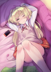 Rule 34 | 1girl, ass, blonde hair, breasts, brown skirt, cellphone, closed eyes, commentary request, green eyes, hair ornament, half-closed eye, idolmaster, idolmaster cinderella girls, jougasaki rika, knees up, long hair, looking at viewer, lying, on back, phone, pillow, red neckwear, red ribbon, ribbon, sex toy, shiroyukimajima, shirt, skirt, small breasts, smartphone, solo, two side up, vibrator, wavy mouth, white shirt