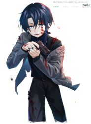 Rule 34 | 1girl, absurdres, belt, black sweater, bleeding from forehead, blood, blood on clothes, blood on face, blue eyes, blue hair, blue nails, blue shirt, collared shirt, cropped legs, dark blue hair, feet out of frame, grey jacket, grey pants, gun, handgun, highres, hiodoshi ao, holding, holding gun, holding weapon, hololive, hololive dev is, jacket, long sleeves, pants, parted lips, request inset, shell casing, shirt, shirt tucked in, short hair, signature, simple background, smile, solo, striped clothes, striped jacket, sweat, sweater, torn clothes, virtual youtuber, weapon, westlee ar, white background