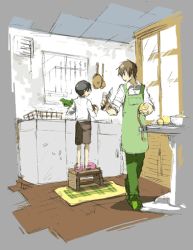 Rule 34 | 00s, 2boys, apron, baccano!, blonde hair, child, cooking, czeslaw meyer, czeslew meyer, firo prochainezo, food, indoors, kitchen, lowres, male focus, multiple boys, partially colored