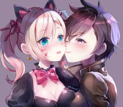 Rule 34 | 2girls, alternate costume, alternate eye color, animal ears, black cat d.va, black dress, blonde hair, blue eyes, blush, bomber jacket, bow, bowtie, breast press, breasts, brown eyes, brown jacket, cat ears, cleavage, collarbone, d.va (overwatch), dress, earrings, eneru (enepuni), facepaint, facial mark, goggles, grey background, hair ribbon, heart, heart earrings, jacket, jewelry, kiss, kissing cheek, leather, leather jacket, lolita fashion, looking at another, medium breasts, multiple girls, official alternate costume, one eye closed, open mouth, overwatch, overwatch 1, pink bow, pink ribbon, portrait, ribbon, short hair, simple background, smile, spiked hair, surprise kiss, surprised, sweatdrop, symmetrical docking, tracer (overwatch), twintails, twitter username, yuri