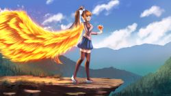 Rule 34 | 1girl, black thighhighs, blue skirt, blue sky, brown hair, cloud, commentary, commission, day, doki doki literature club, english commentary, fiery wings, forest, from side, full body, green eyes, grey jacket, hair ribbon, hand on own chest, heart, highres, jacket, large wings, long hair, long sleeves, looking away, monika (doki doki literature club), mountainous horizon, nature, outdoors, pleated skirt, ponytail, profile, ribbon, school uniform, shoes, sidelocks, skirt, sky, smile, solo, standing, takuyarawr, thighhighs, very long hair, white ribbon, wings, zettai ryouiki