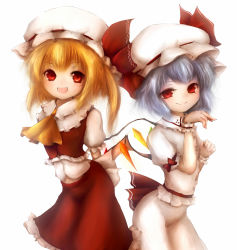 Rule 34 | 2girls, amano jack, ascot, bad id, bad pixiv id, bat wings, blonde hair, blue hair, crystal, female focus, hat, hat ribbon, highres, multiple girls, open mouth, puffy sleeves, red eyes, remilia scarlet, ribbon, short sleeves, siblings, side ponytail, sisters, touhou, white background, wings, wrist cuffs