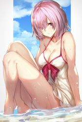 Rule 34 | 1girl, bare shoulders, barefoot, breasts, cleavage, cloud, collarbone, day, dress, fate/grand order, fate (series), hair over one eye, looking at viewer, mash kyrielight, mash kyrielight (swimsuit of perpetual summer), medium breasts, official alternate costume, panties, panty peek, purple eyes, purple hair, short hair, sitting, sky, sleeveless, sleeveless dress, sola (solo0730), solo, underwear, water, wet, wet clothes, white dress