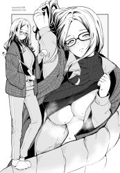 Rule 34 | 1girl, artist name, blush, breasts, closed mouth, commentary request, dated, full body, glasses, grey background, greyscale, highres, jacket, kichihachi, large breasts, looking at viewer, medium hair, monochrome, multiple views, open clothes, open jacket, original, plaid, plaid jacket, smile, standing, sweater, turtleneck, turtleneck sweater, two-tone background, underboob, white background