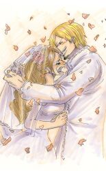 Rule 34 | 1boy, 1girl, absurdres, black eyes, blonde hair, blush, breasts, bridal veil, bride, brown hair, charlotte pudding, curly eyebrows, dress, drill hair, facial hair, falling petals, fengcheche, highres, large breasts, long hair, one piece, open mouth, petals, sanji (one piece), short hair, smile, swept bangs, teardrop, tears, twintails, veil, very long hair, wedding dress