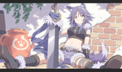 Rule 34 | 1girl, absurdres, animal ear fluff, animal ears, arm belt, barrel, belt, black footwear, black shirt, blouse, boots, breasts, brick wall, chain, closed mouth, crop top, detached sleeves, fur-trimmed boots, fur-trimmed shorts, fur trim, highres, holding, holding sword, holding weapon, laika (sputnik2nd), letterboxed, long hair, looking at viewer, makoto (princess connect!), medium breasts, midriff, navel, plant, planted, planted sword, planted weapon, pot, princess connect!, purple hair, purple shorts, shirt, short shorts, shorts, sitting, sleeveless, sleeveless shirt, solo, spread legs, sword, tail, vines, weapon, wolf ears, wolf girl, wolf tail, yellow eyes