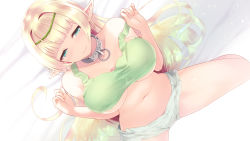 Rule 34 | 10s, 1girl, bare shoulders, bed sheet, blonde hair, blunt bangs, blush, breasts, cait aron, closed mouth, collar, commentary request, dutch angle, elf, green eyes, hairband, hands up, highres, isekai maou to shoukan shoujo no dorei majutsu, large breasts, long hair, looking at viewer, navel, pointy ears, shera l. greenwood, shirt, short shorts, shorts, sitting, solo, stomach, strap slip, taut clothes, taut shirt, underboob