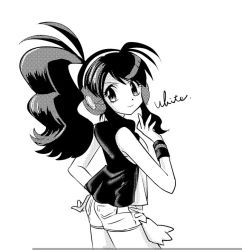 Rule 34 | 1girl, ayateaori, character name, creatures (company), game freak, greyscale, hand on own hip, hilda (pokemon), long hair, looking at viewer, monochrome, nintendo, pokemon, pokemon adventures, ponytail, solo, standing