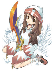 Rule 34 | 1girl, brown hair, clavat, final fantasy, final fantasy crystal chronicles, looking at viewer, smile, solo, sword, weapon, white cap clavat