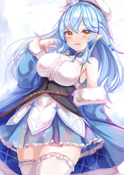 Rule 34 | 1girl, beret, blue bow, blue bowtie, blue coat, blue hair, blue skirt, blush, bow, bowtie, braid, breasts, center frills, coat, commentary request, corset, cowboy shot, elf, flower, frilled shirt, frilled skirt, frills, fur-trimmed coat, fur trim, hair between eyes, hair flower, hair ornament, half updo, hand up, hat, highres, hololive, large breasts, long hair, long sleeves, looking at viewer, off shoulder, open clothes, open coat, open mouth, pointy ears, print skirt, shirt, skirt, sleeveless, sleeveless shirt, smile, snowflake print, solo, standing, thighhighs, virtual youtuber, white flower, white hat, white shirt, white thighhighs, yellow eyes, yuano, yukihana lamy