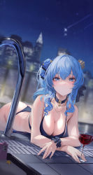 Rule 34 | 1girl, absurdres, alternate breast size, alternate costume, ass, bare arms, bare shoulders, bikini, black bikini, black choker, black hair, black wrist cuffs, blue eyes, blue hair, blue ribbon, blurry, blurry background, breasts, building, cellphone, choker, cleavage, commentary, crown, crown hair ornament, curly hair, drink, dutch angle, glass, hair ribbon, halterneck, highres, hololive, hoshimachi suisei, jewelry, leviathan (hikinito0902), long hair, looking at viewer, medium breasts, mini crown, necklace, night, night sky, o-ring, o-ring top, parted lips, pendant choker, phone, ponytail, pool, pool ladder, ribbon, scrunchie, shooting star, side ponytail, sidelocks, sky, smartphone, solo, star (sky), star (symbol), star choker, starry sky, string bikini, swimsuit, virtual youtuber, water, wet, wrist cuffs, wrist scrunchie