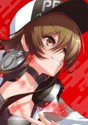 Rule 34 | 1girl, baseball bat, black choker, black hat, breasts, brown eyes, brown hair, choker, cleavage, collarbone, d4dj, earrings, hat, highres, hiraken, jewelry, light particles, looking up, medium breasts, parted lips, red background, smile, solo, two-tone hat, v-shaped eyebrows, white hat, yamate kyouko