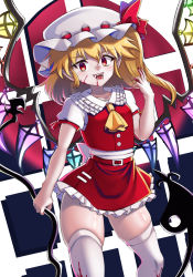 Rule 34 | 1girl, ascot, belt, blonde hair, blood, blood on clothes, breasts, commentary request, cowboy shot, crystal, doku yanagi, fangs, fingernails, flandre scarlet, frilled shirt collar, frilled skirt, frills, hat, hat ribbon, highres, laevatein (touhou), medium hair, miniskirt, mob cap, nail polish, one side up, pointy ears, puffy short sleeves, puffy sleeves, red belt, red eyes, red nails, red ribbon, red skirt, red vest, ribbon, shirt, short sleeves, side ponytail, skirt, skirt set, small breasts, solo, thighhighs, touhou, vest, white hat, white shirt, white thighhighs, wings, yellow ascot