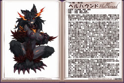 Rule 34 | 1girl, animal ears, animal hands, black hair, black sclera, black skin, blush, breasts, chain, character profile, collar, colored sclera, colored skin, crossed bangs, dog ears, dog tail, fur, hellhound (monster girl encyclopedia), kenkou cross, large breasts, long hair, looking at viewer, monster girl, monster girl encyclopedia, monster girl encyclopedia ii, navel, nipple tassels, official art, pasties, red eyes, smile, solo, tail, translation request