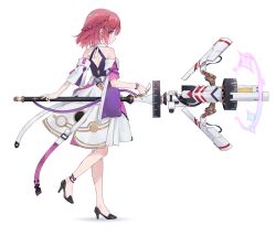 Rule 34 | 1girl, absurdres, asta (honkai: star rail), backless dress, backless outfit, bare shoulders, black footwear, blue eyes, braid, commentary request, dress, full body, hair ornament, high heels, highres, holding, holding weapon, honkai: star rail, honkai (series), looking at viewer, looking to the side, nami (nyaa), profile, red hair, shadow, shoes, short sleeves, simple background, solo, standing, weapon, white background, white dress