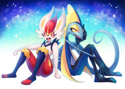 Rule 34 | 2others, animal feet, animal hands, back-to-back, black skin, blue background, blue fur, blue skin, bright pupils, buck teeth, cinderace, colored skin, creatures (company), fins, full body, furry, game freak, gen 8 pokemon, gradient background, half-closed eyes, hand on own face, hand up, happy, head fins, highres, inteleon, knees together feet apart, knees up, legs, lizard tail, looking at viewer, maki (letusgomaki), matching hair/eyes, multicolored fur, multicolored skin, multiple others, nintendo, open mouth, other focus, pokemon, pokemon (creature), rabbit ears, rabbit tail, red fur, red hair, short hair, sitting, smile, star (symbol), starry background, tail, teeth, white fur, white pupils, white skin, yellow eyes, yellow fur