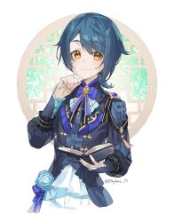Rule 34 | 1boy, artist name, blue bow, blue bowtie, blue flower, blue hair, blue jacket, blush, book, bow, bowtie, brooch, closed mouth, commentary, cropped legs, english commentary, ethylene ty, flower, genshin impact, hair between eyes, hand up, highres, holding, holding book, jacket, jewelry, lattice, long sleeves, looking at viewer, low ponytail, male focus, official alternate costume, official alternate hairstyle, open book, parted bangs, ponytail, round window, short hair, short ponytail, sidelocks, simple background, smile, solo, swept bangs, tassel, twitter username, white background, window, xingqiu (bamboo rain) (genshin impact), xingqiu (genshin impact), yellow eyes