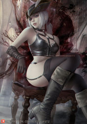Rule 34 | 1girl, black gloves, black thighhighs, bloodborne, blue eyes, boots, bustier, choker, garter belt, gloves, hat, hat feather, lady maria of the astral clocktower, leather, lips, long hair, looking at viewer, olesyaspitz, ponytail, sitting, solo, thighhighs, tricorne, watermark, web address, white hair