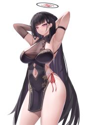 Rule 34 | 1girl, absurdres, armpits, black dress, black gloves, black hair, blue archive, blush, breasts, bright pupils, china dress, chinese clothes, cleavage, closed mouth, clothing cutout, cowboy shot, dress, elbow gloves, gloves, hair ornament, hairpin, halo, highres, kaijiba, large breasts, long hair, looking at viewer, navel, navel cutout, red eyes, rio (blue archive), simple background, single elbow glove, solo, thighs, white background, white pupils